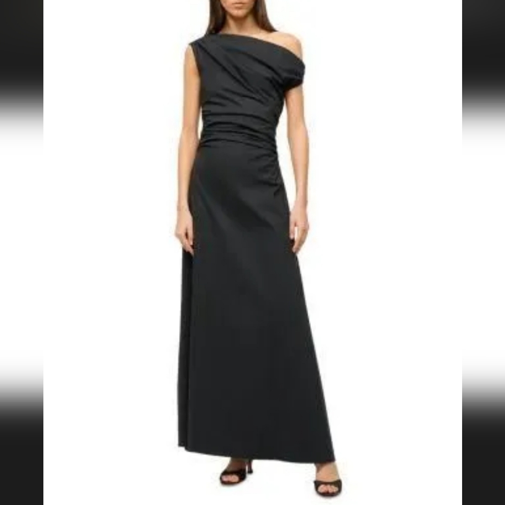 STAUD Black One-Shoulder Draped Evening Gown